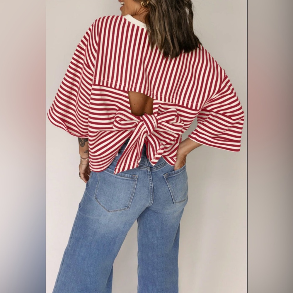 Elegant Red Striped Bow Back Blouse